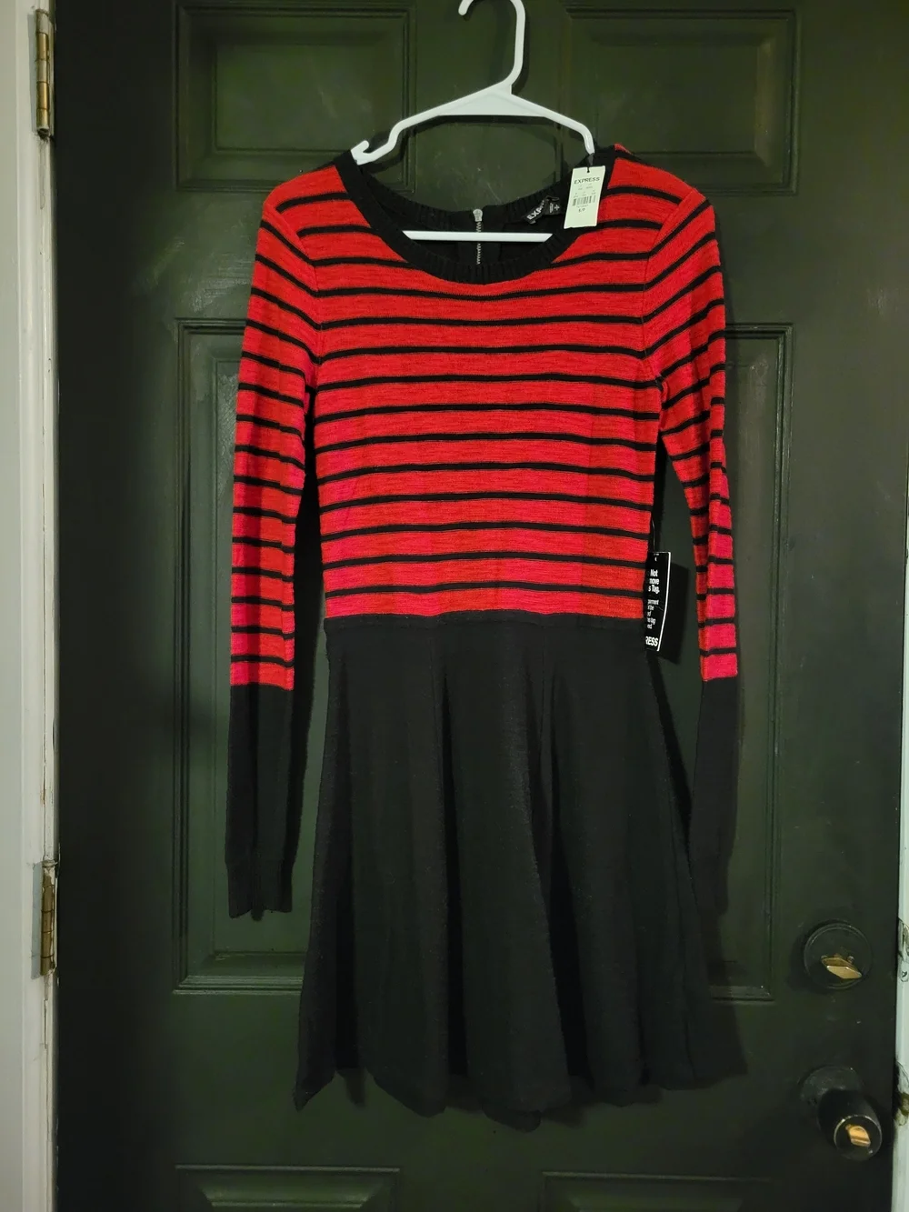 Express Red & Black Striped Long-Sleeve Fit-and-Flare Dress